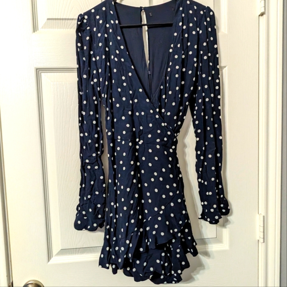 Vintage Navy and white polkadot wrap mini dress long sleeve party semiformal